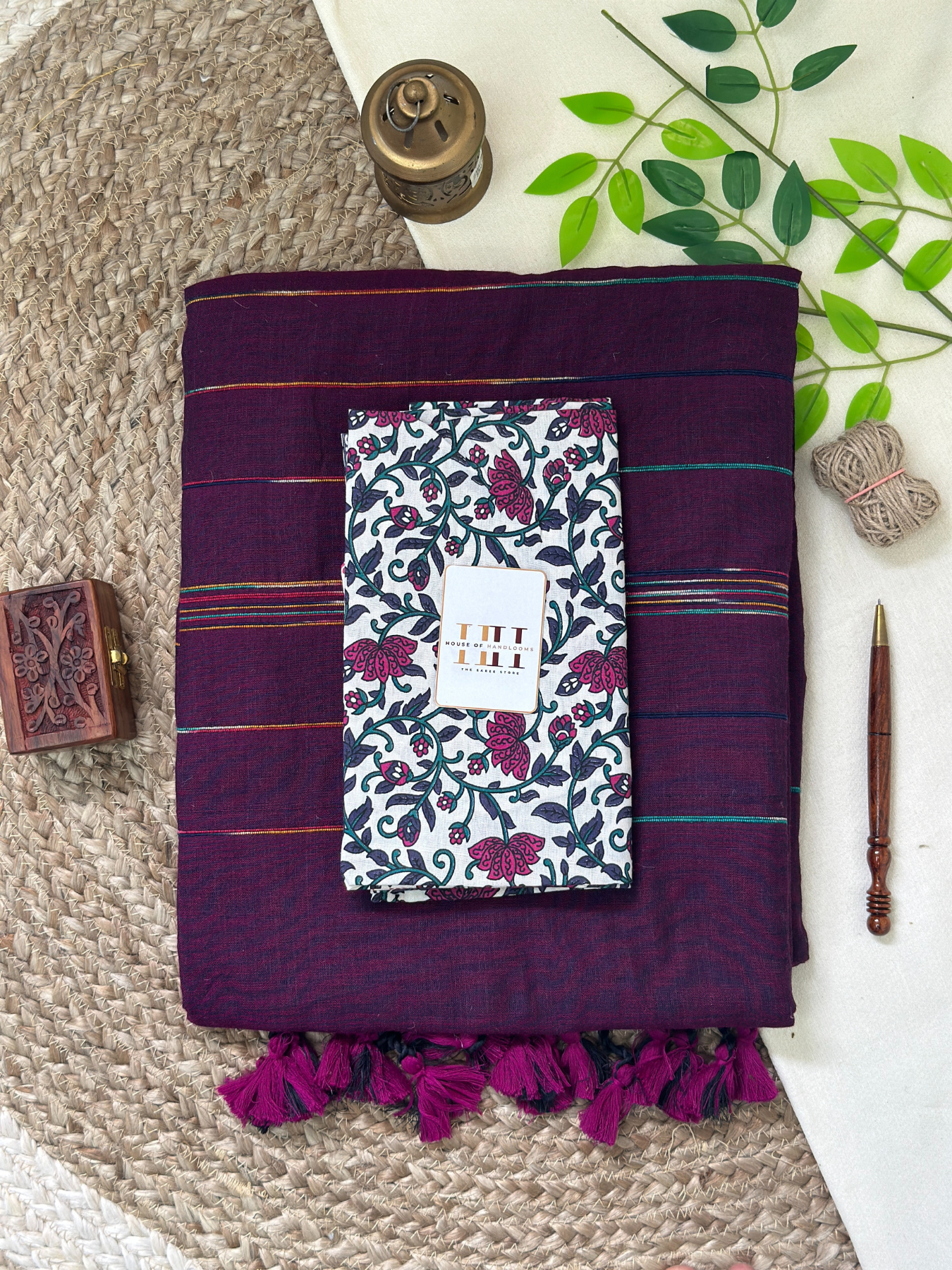 Deep plum cotton handloom ghicha stripes saree with floral printed blouse