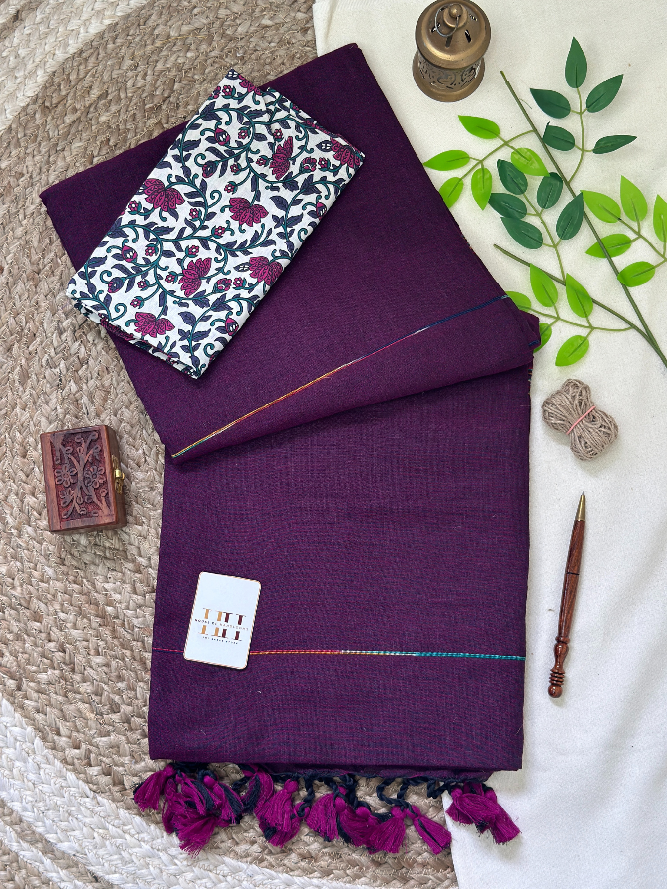 Deep plum cotton handloom ghicha stripes saree with floral printed blouse