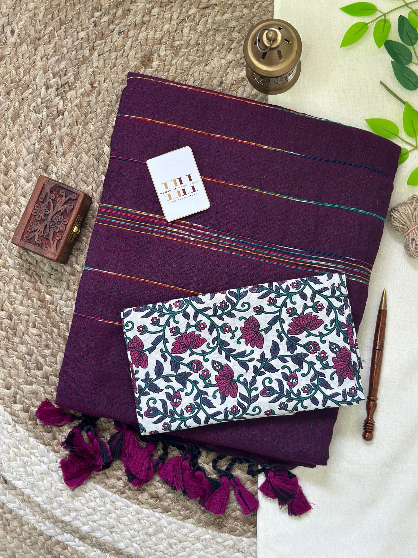 Deep plum cotton handloom ghicha stripes saree with floral printed blouse