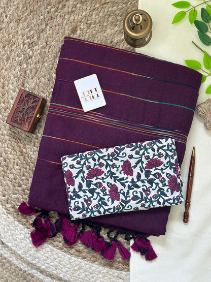 Deep plum cotton handloom ghicha stripes saree with floral printed blouse