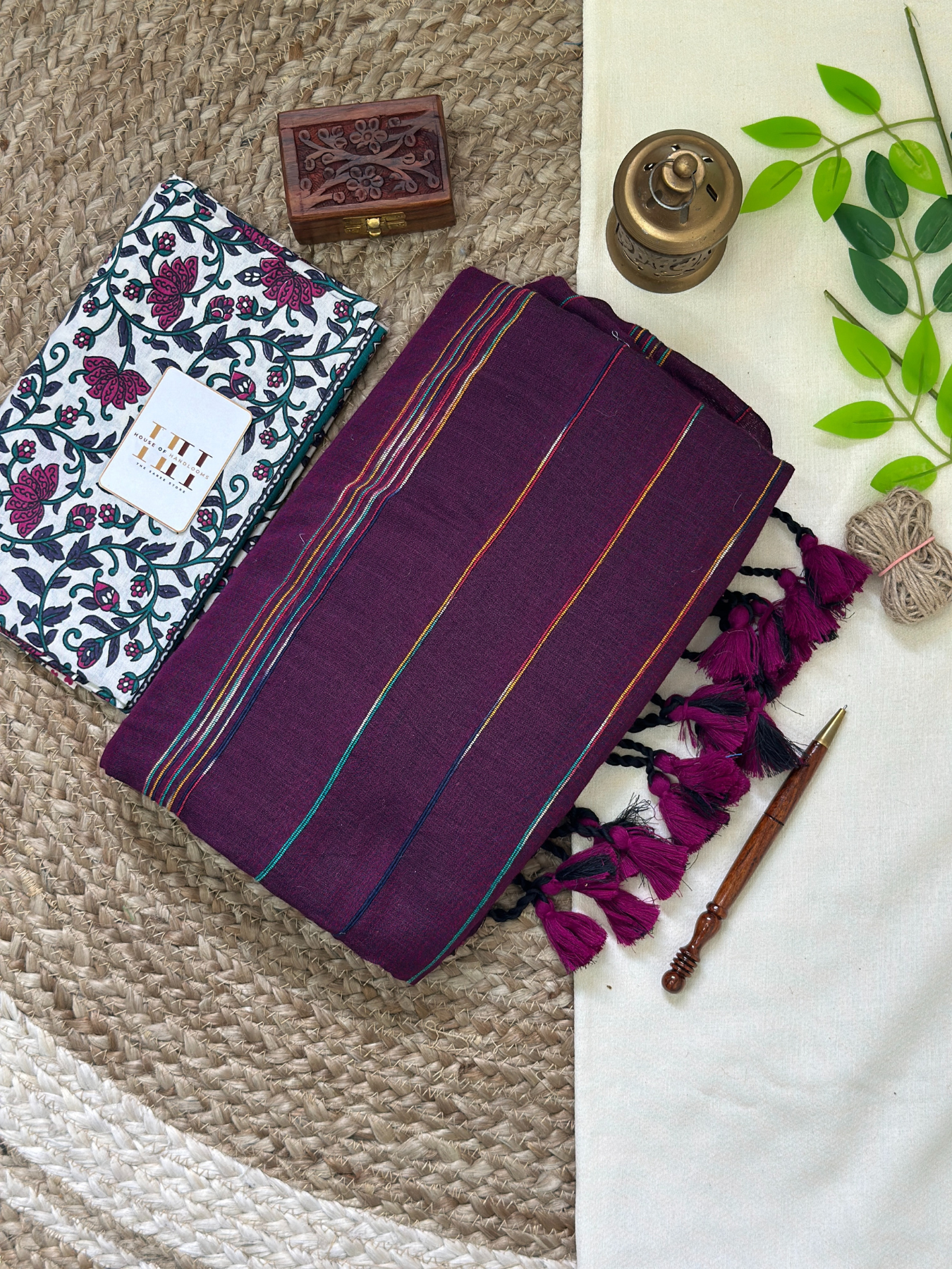 Deep plum cotton handloom ghicha stripes saree with floral printed blouse