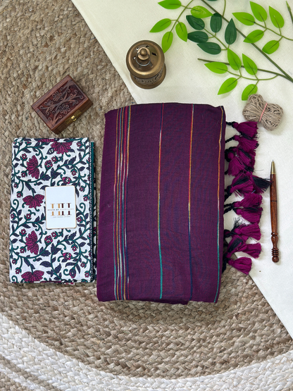 Deep plum cotton handloom ghicha stripes saree with floral printed blouse
