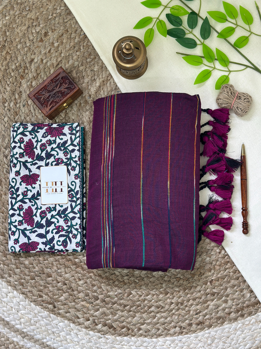 Deep plum cotton handloom ghicha stripes saree with floral printed blouse