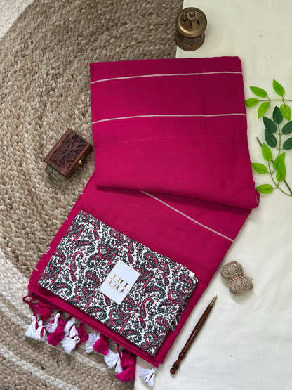 Pure cotton handloom rani pink saree with flower printed blouse