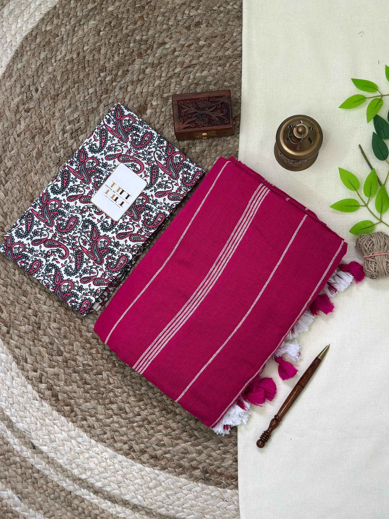 Pure cotton handloom rani pink saree with flower printed blouse