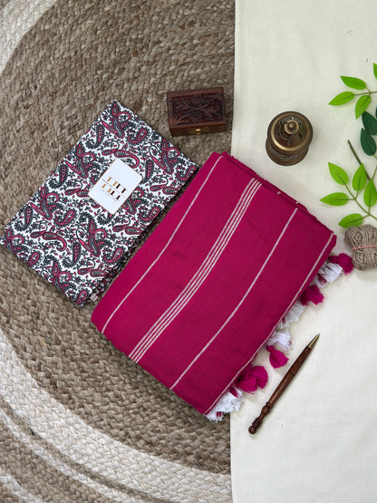 Pure cotton handloom rani pink saree with flower printed blouse