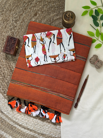 Burnt orange cotton handloom ghicha stripes saree with kalamkari printed blouse