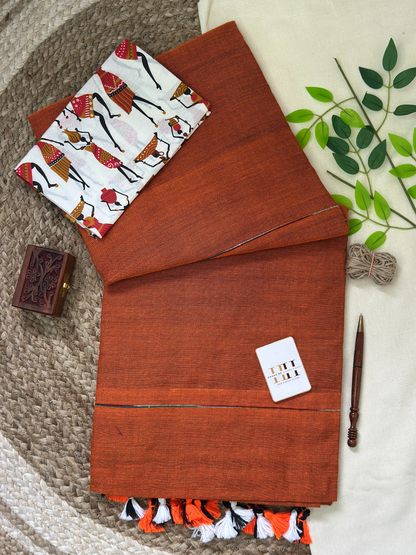Burnt orange cotton handloom ghicha stripes saree with kalamkari printed blouse