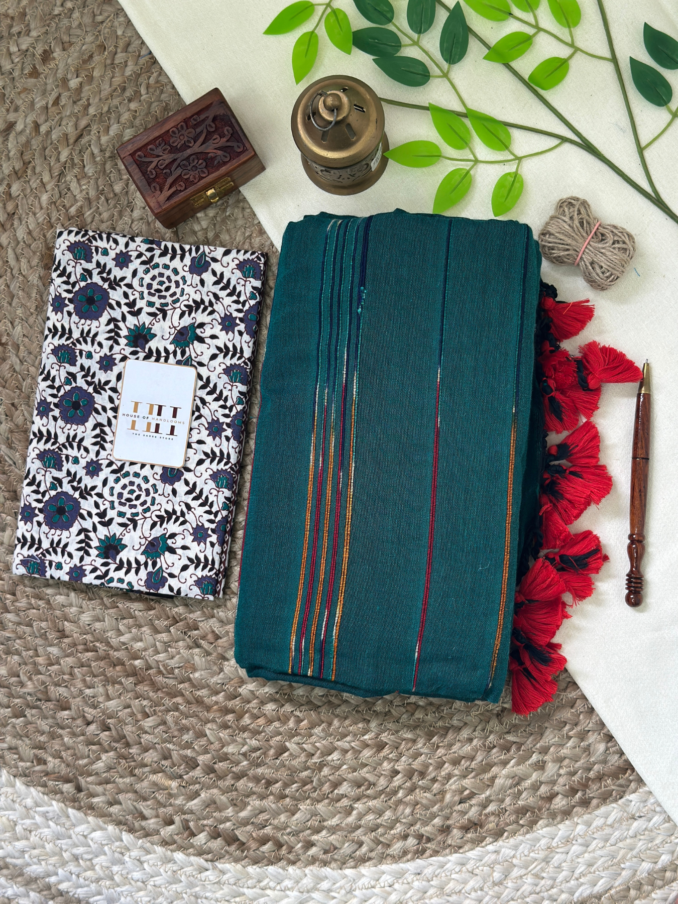 Rama green cotton ghicha stripes saree with flower printed blouse
