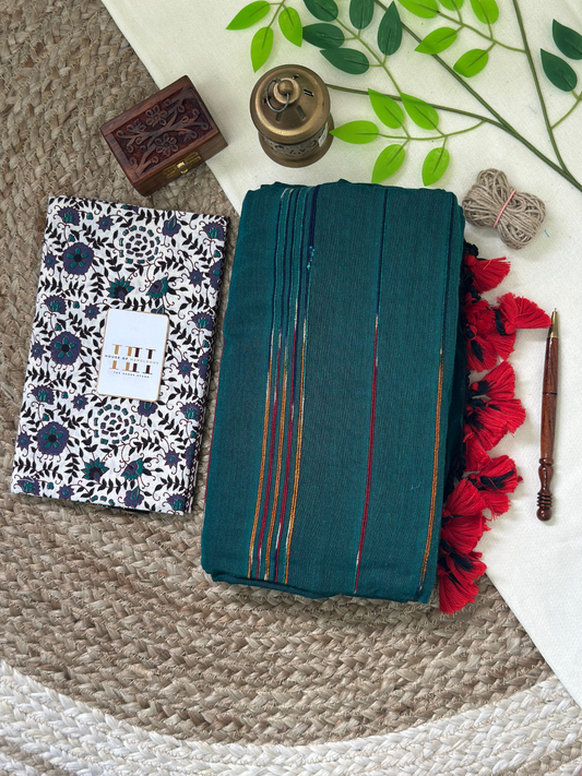 Rama green cotton ghicha stripes saree with flower printed blouse