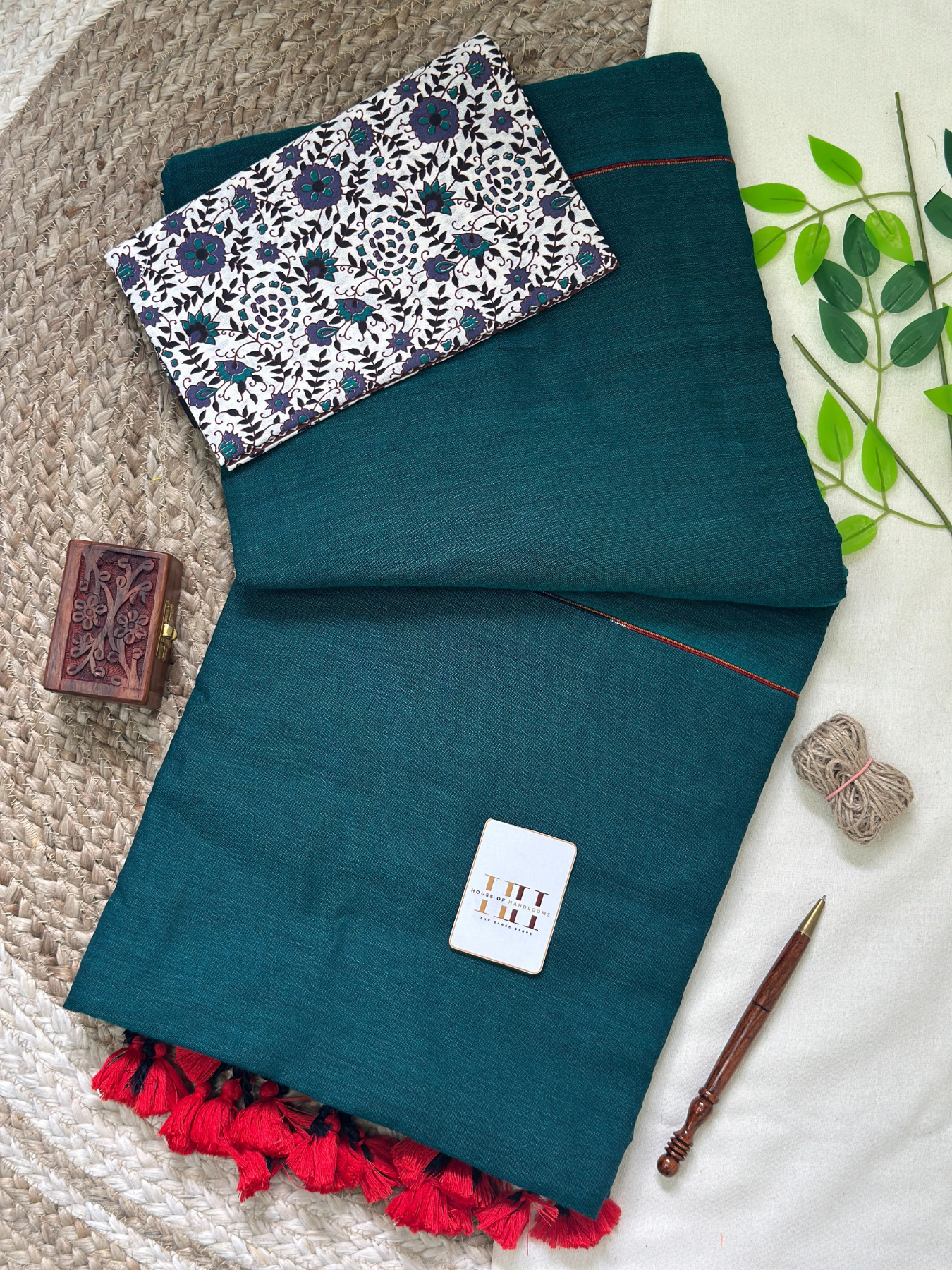 Rama green cotton ghicha stripes saree with flower printed blouse