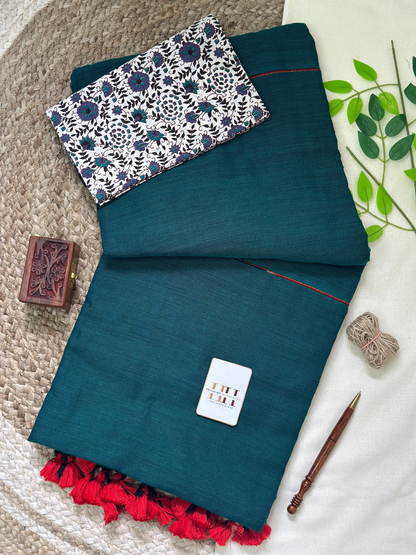Rama green cotton ghicha stripes saree with flower printed blouse