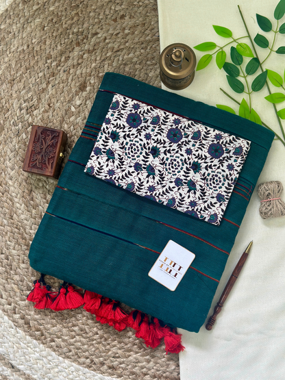 Rama green cotton ghicha stripes saree with flower printed blouse
