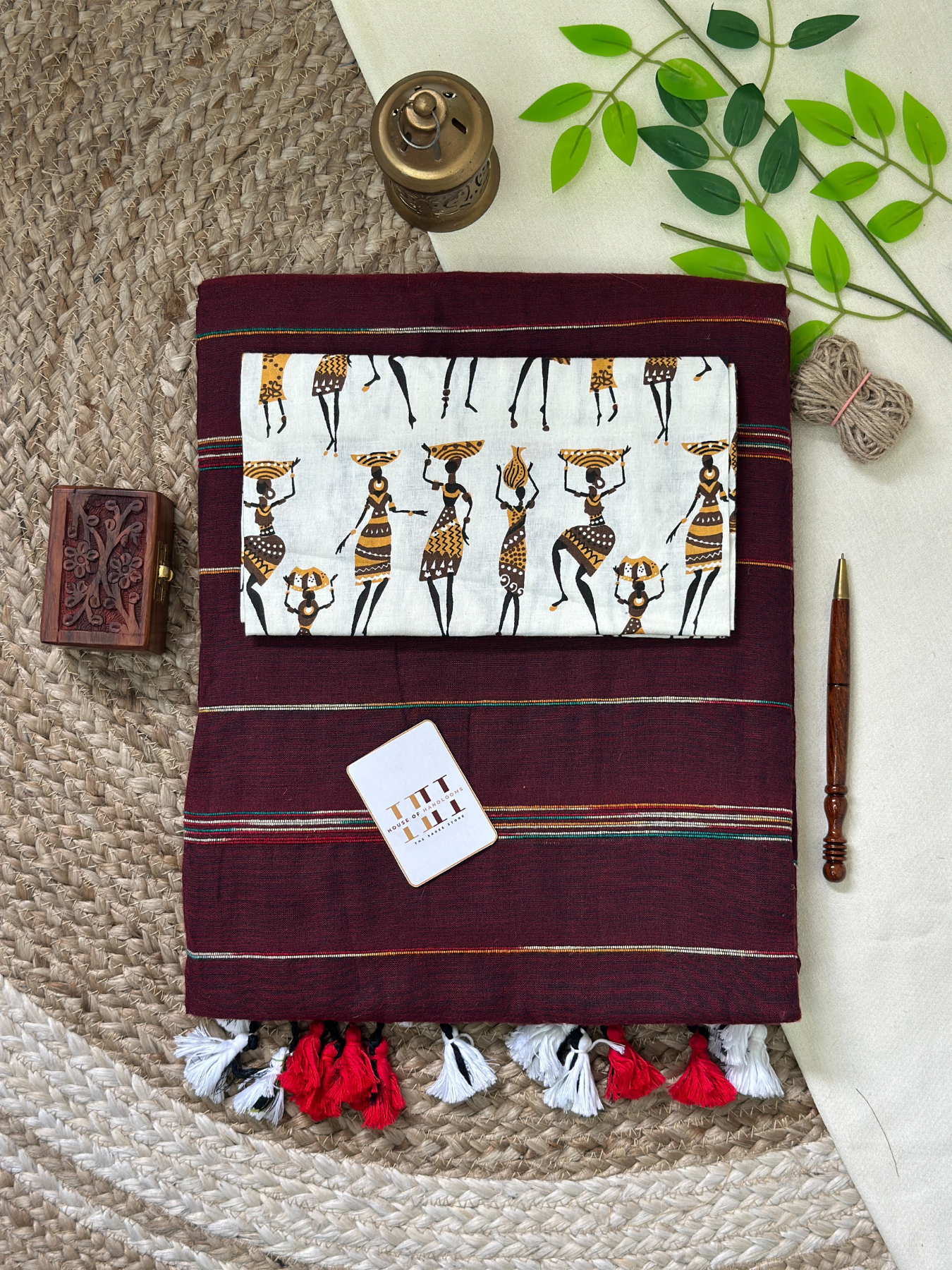 Brown cotton handloom saree with kalamkari printed blouse