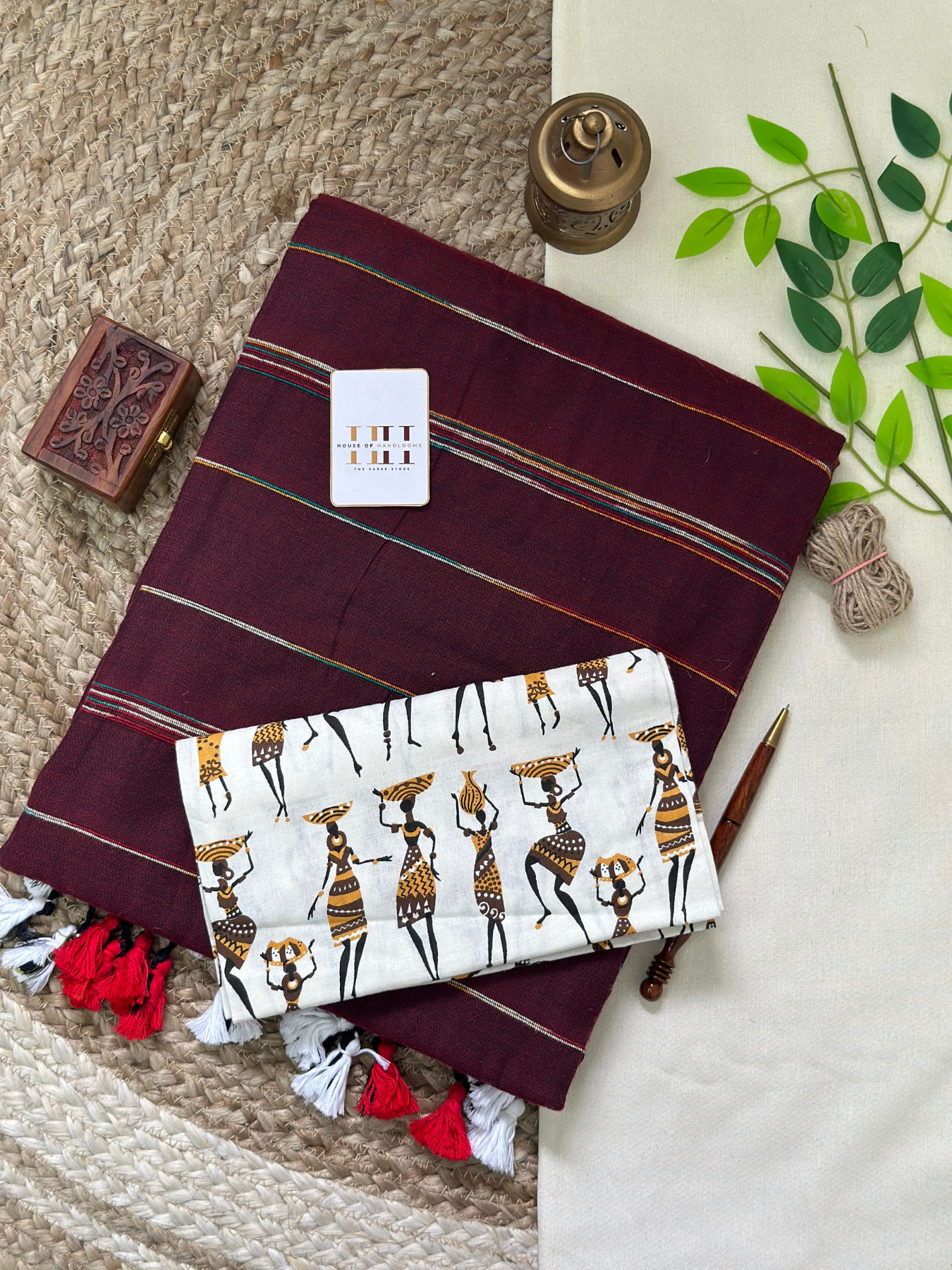 Brown cotton handloom saree with kalamkari printed blouse
