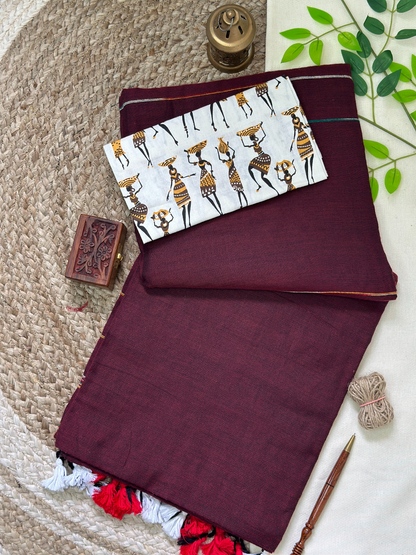 Brown cotton handloom saree with kalamkari printed blouse