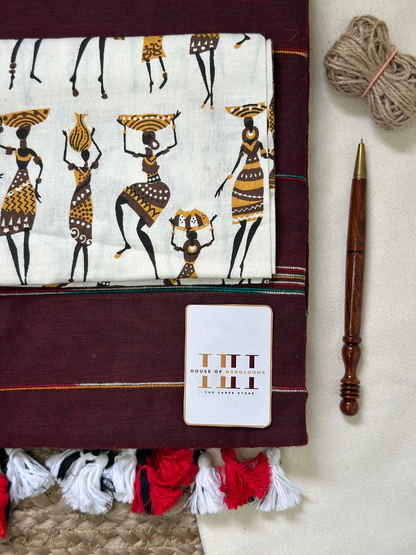 Brown cotton handloom saree with kalamkari printed blouse