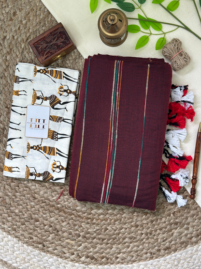 Brown cotton handloom saree with kalamkari printed blouse