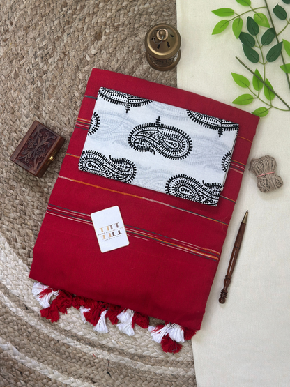 Rose red cotton handloom ghicha stripes saree with white printed blouse