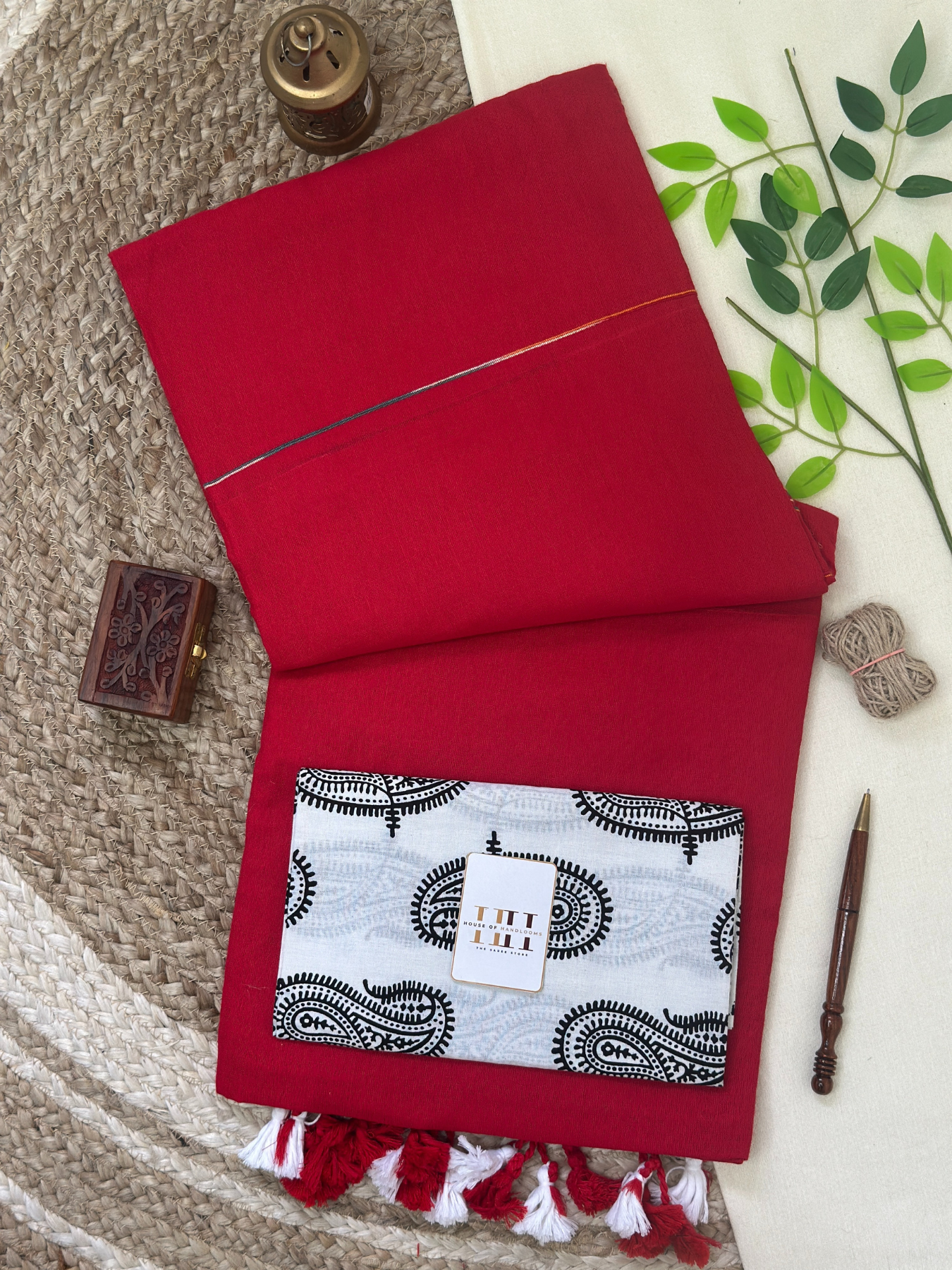Rose red cotton handloom ghicha stripes saree with white printed blouse