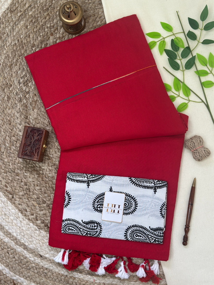 Rose red cotton handloom ghicha stripes saree with white printed blouse
