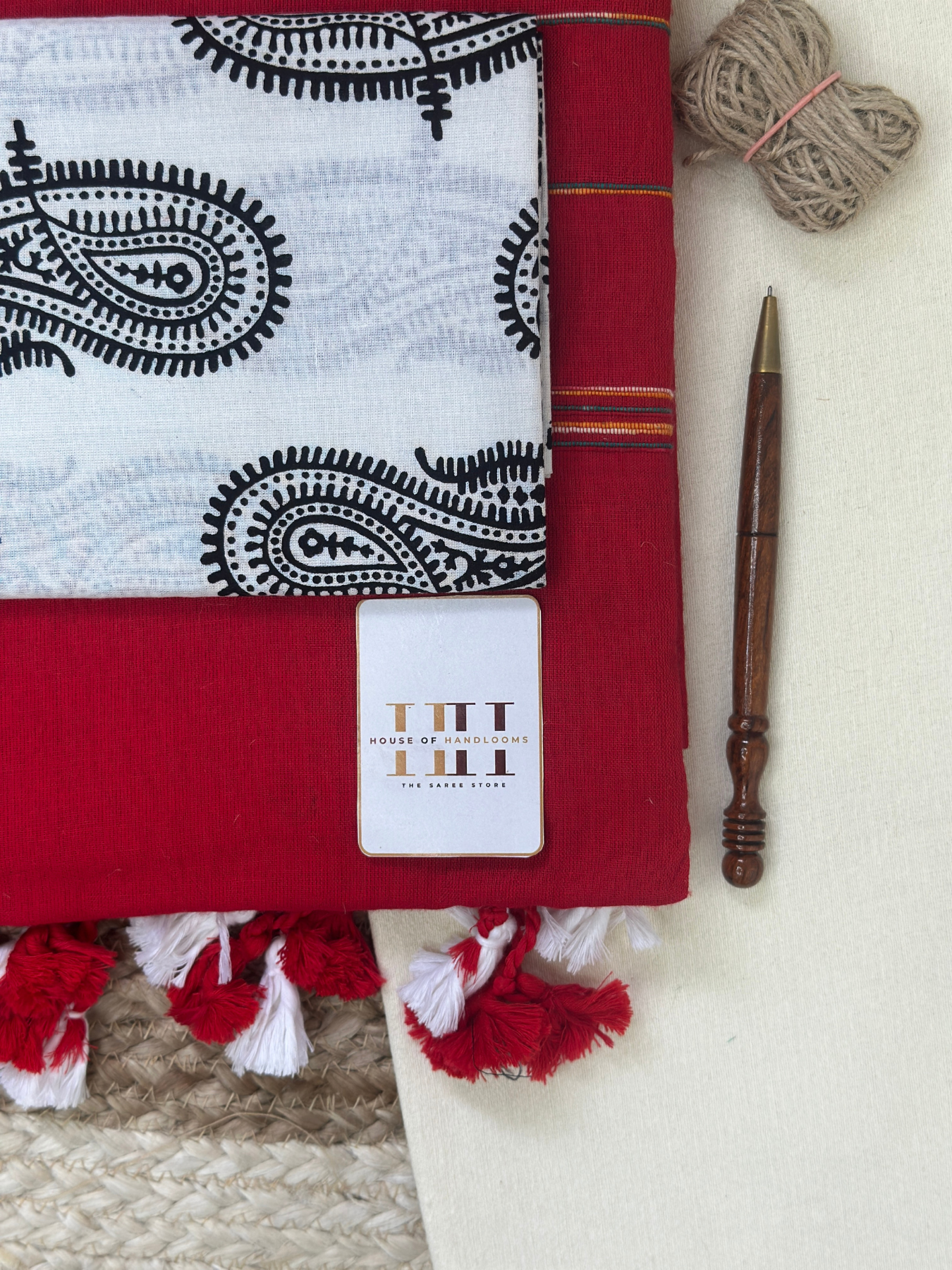 Rose red cotton handloom ghicha stripes saree with white printed blouse
