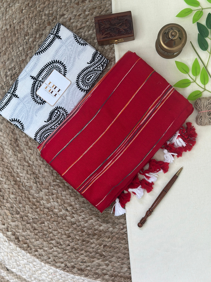 Rose red cotton handloom ghicha stripes saree with white printed blouse