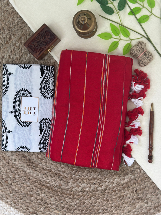 Rose red cotton handloom ghicha stripes saree with white printed blouse