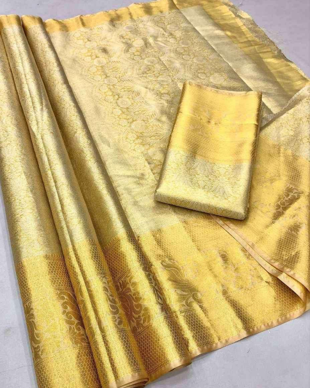 Luxurious Kanjeevaram Silk Gold Color Saree With butti weaving blouse
