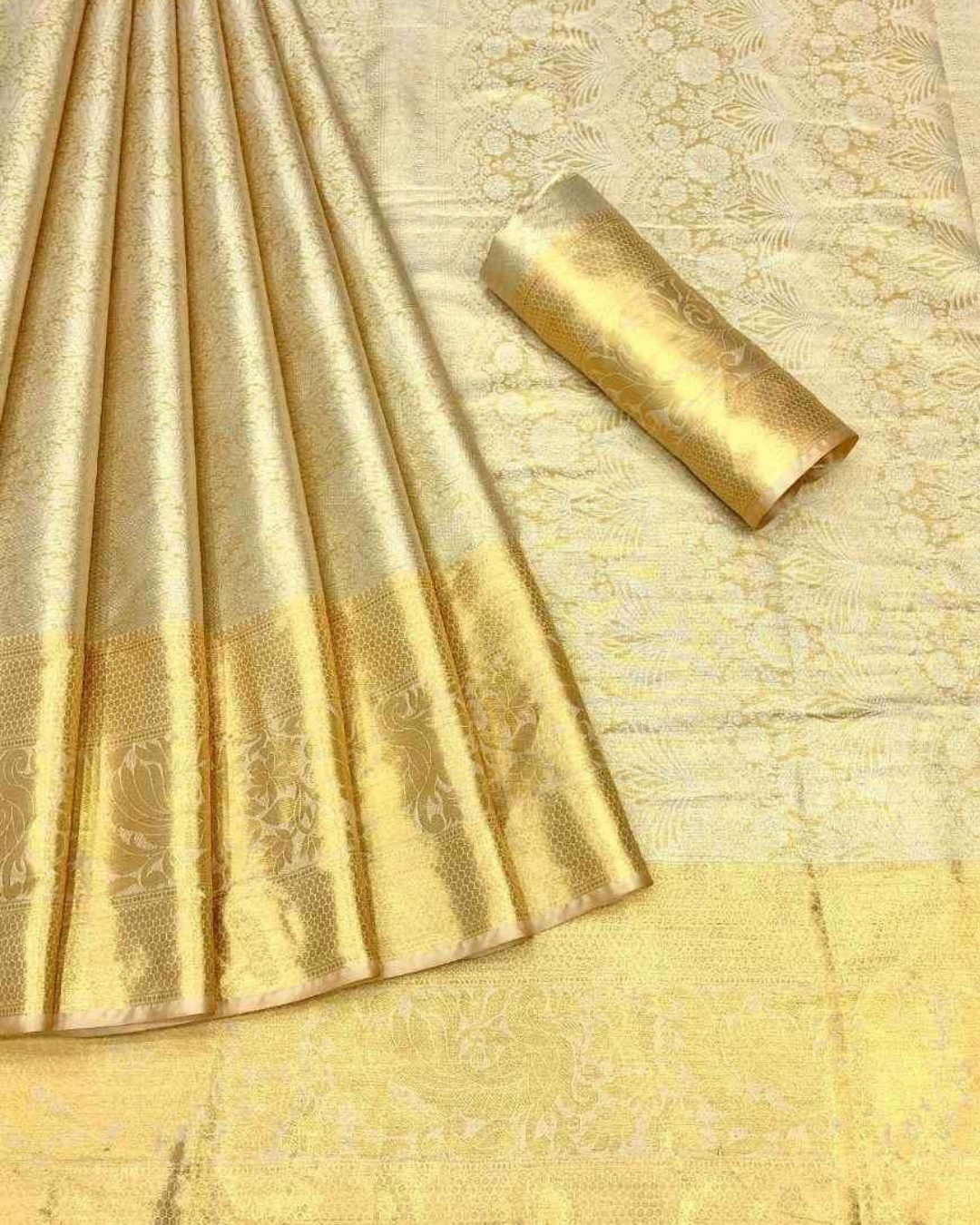 Luxurious Kanjeevaram Silk Gold Color Saree With butti weaving blouse