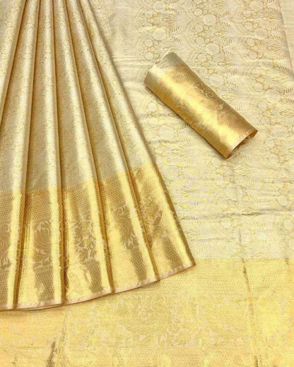 Luxurious Kanjeevaram Silk Gold Color Saree With butti weaving blouse
