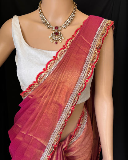 Mahi Red Cotton Tissue Silk Saree With Heavy Benglory Silk Blouse