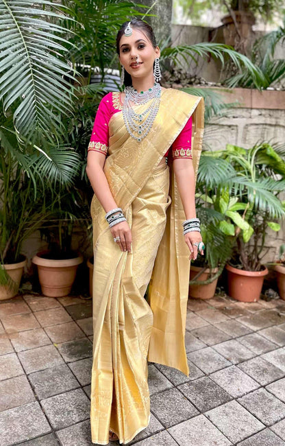Luxurious Kanjeevaram Silk Gold Color Saree With butti weaving blouse