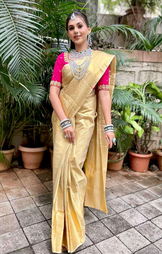 Luxurious Kanjeevaram Silk Gold Color Saree With butti weaving blouse